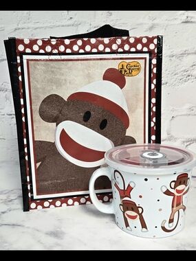 Cracker Barrel Sock Monkey Tote & Matching Mug - Red, White, Brown